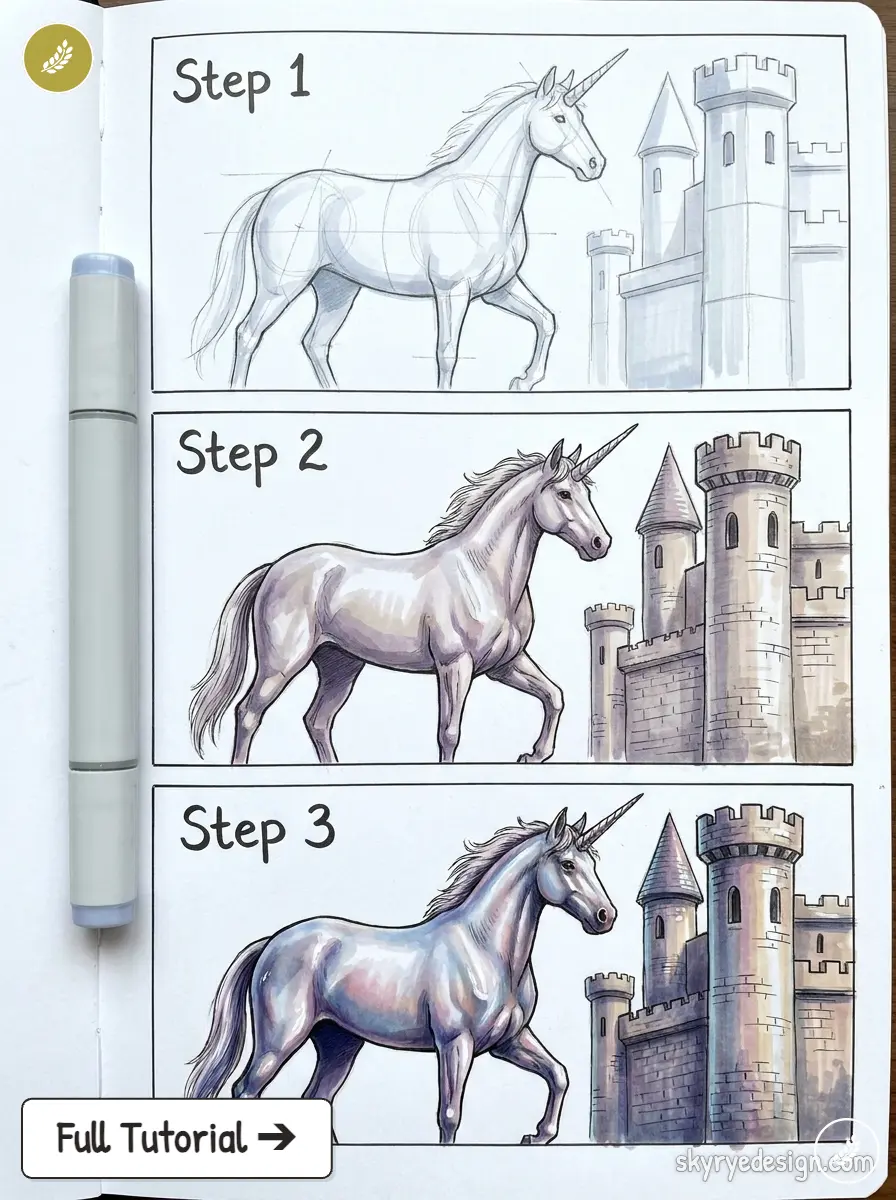 copic-tutorial-1785449037848 Three-step unicorn drawing tutorial: sketch to full-color unicorn and castle illustration with marker. | Sky Rye Design Three-step unicorn drawing tutorial: sketch to full-color unicorn and castle illustration with marker.