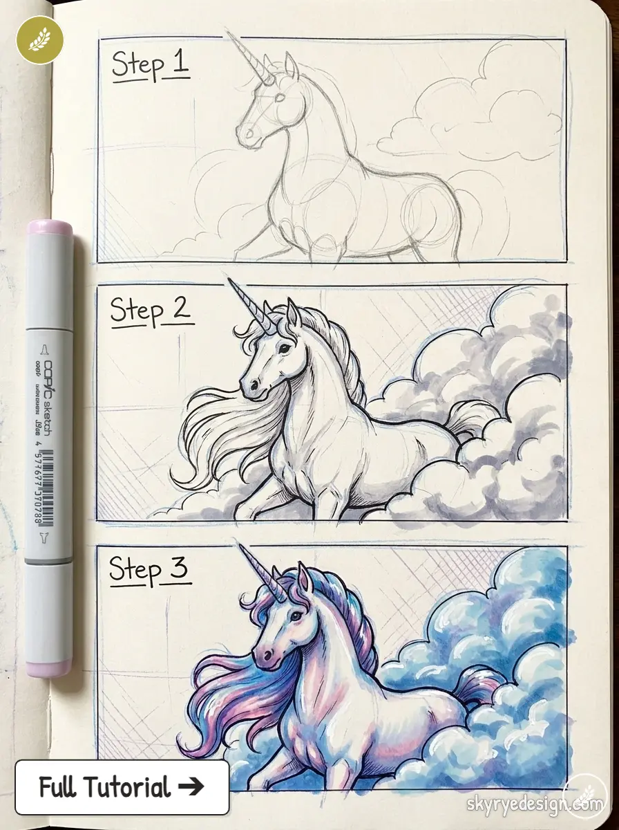copic-tutorial-1785448783150 Three-step unicorn drawing tutorial: rough pencil sketch, inked value study, and final colored pastel unicorn among clouds. | Sky Rye Design Three-step unicorn drawing tutorial: rough pencil sketch, inked value study, and final colored pastel unicorn among clouds.