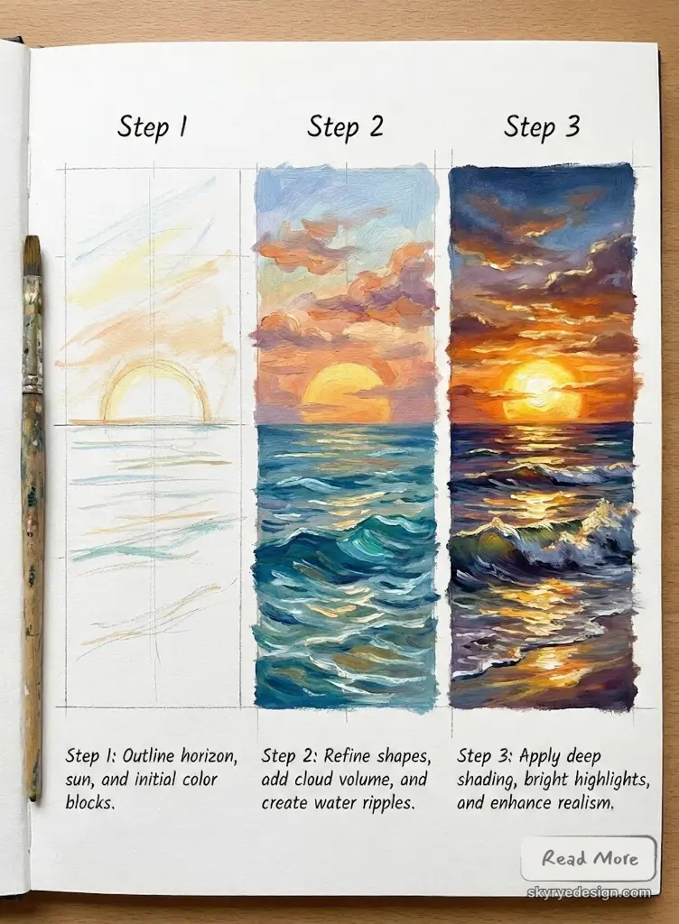 Three-step painting tutorial showing sunset over ocean: Step 1 sketch, Step 2 refine clouds and water, Step 3 finished vibrant sunset seascape.