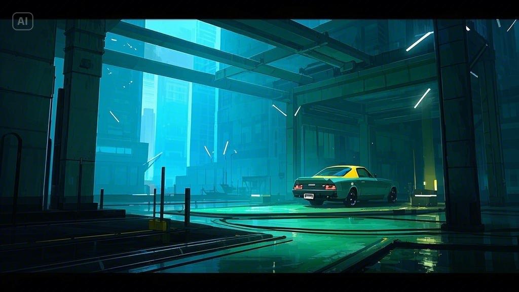 Futuristic car in a neon-lit, urban cityscape with towering buildings.