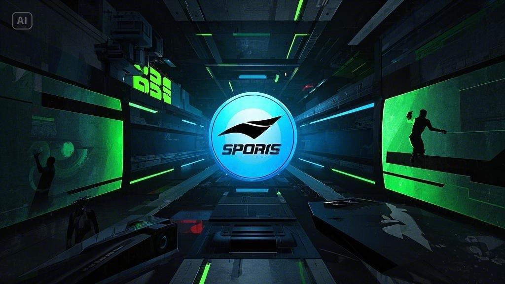 Futuristic sports-themed digital art with Sporis logo at the center, surrounded by silhouette figures and neon lights.