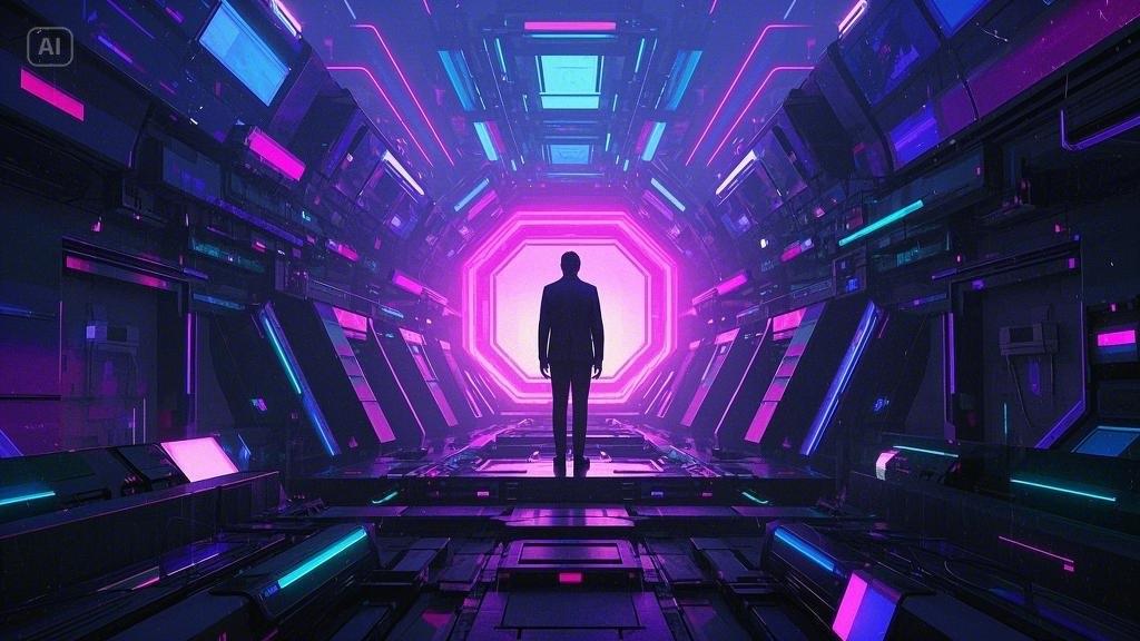 Futuristic corridor with neon lights and silhouette of a person walking towards a glowing hexagonal portal.