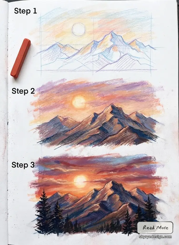 Three-step pastel tutorial: mountain sunset progression from initial sketch to layered color and detailed finished landscape