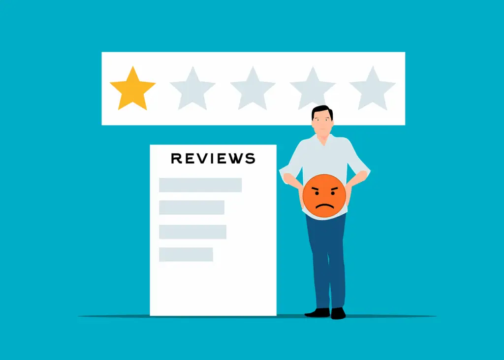 Illustration of a negative review with one-star rating and a frustrated person holding an angry face emoticon.