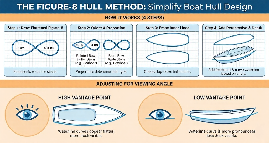 Infographic: Figure-8 Hull Method — 4 steps to create a boat hull (figure-8 waterline to top-down outline) with vantage tips