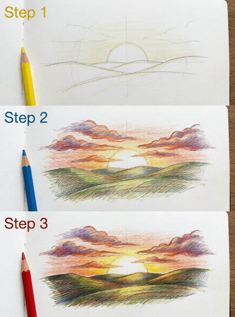 Three-step colored-pencil tutorial: sunset over rolling hills, showing progression from simple sketch to vibrant finished landscape.