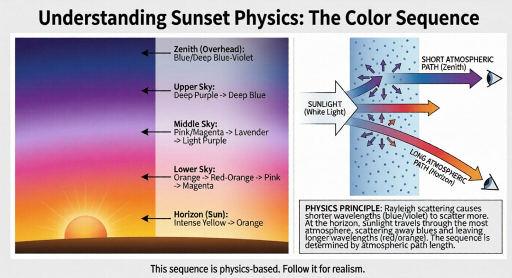 Sunset physics infographic showing sky color sequence from blue-violet at zenith to yellow-orange at horizon with Rayleigh scattering diagram