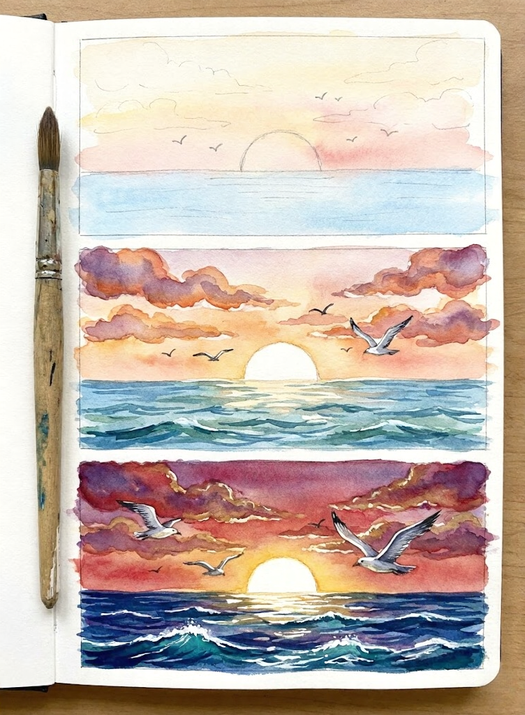 Watercolor sketchbook page with three seascape sunrise/sunset panels: seagulls, vibrant clouds and waves, paintbrush resting at left.