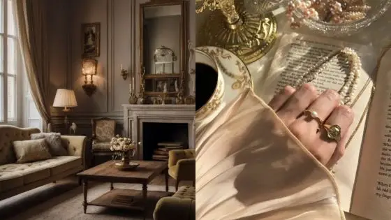 vintage contemporary furniture Elegant vintage living room and a hand with pearl accessories on a book beside a coffee cup, creating a cozy ambiance. | Sky Rye Design Elegant vintage living room and a hand with pearl accessories on a book beside a coffee cup, creating a cozy ambiance.