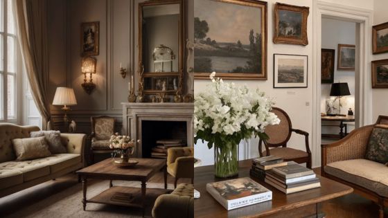 Elegant living room with classic decor, cozy seating, artworks, and floral arrangement on a wooden table.