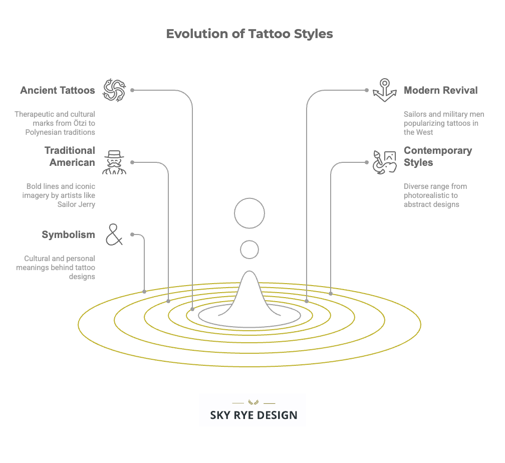 visual-selection-_20_ Infographic showing the evolution of tattoo styles: Ancient, Traditional American, Symbolism, Modern Revival, and Contemporary Designs. | Sky Rye Design Infographic showing the evolution of tattoo styles: Ancient, Traditional American, Symbolism, Modern Revival, and Contemporary Designs.