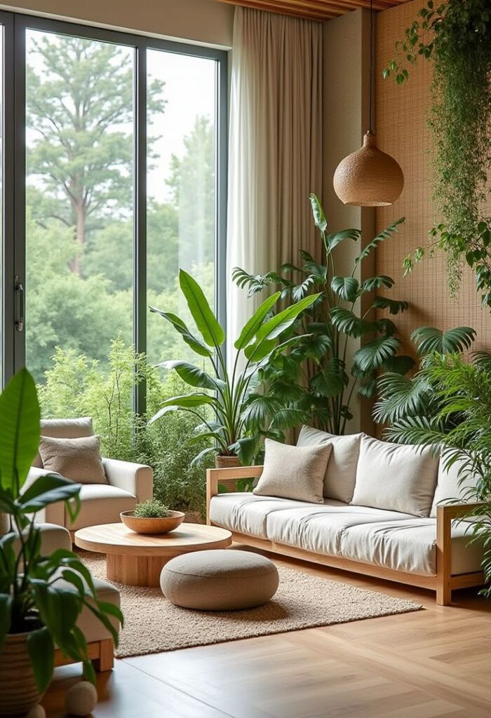 Modern living room with large windows, lush green plants, beige sofa, and wooden accents, creating a cozy, natural ambiance.