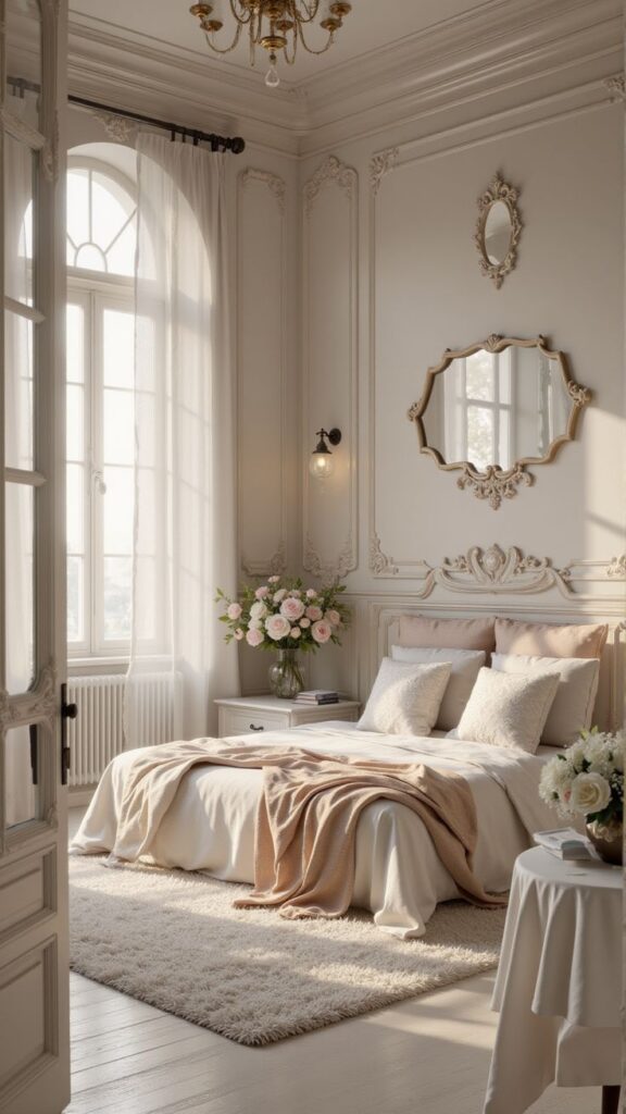 Elegant bedroom with vintage decor, cozy bed, ornate mirror, and soft lighting creating a serene atmosphere.