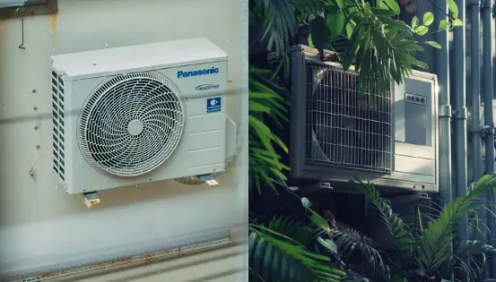 впа Two outdoor air conditioning units, one in a city setting and the other surrounded by lush green plants. | Sky Rye Design Two outdoor air conditioning units, one in a city setting and the other surrounded by lush green plants.