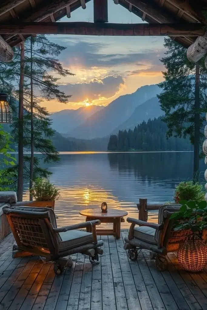 Красота планеты🍀🌍️ Идеально Rustic lakeside cabin patio at sunset, with cozy chairs and scenic mountain views reflecting on the water. | Sky Rye Design Rustic lakeside cabin patio at sunset, with cozy chairs and scenic mountain views reflecting on the water.