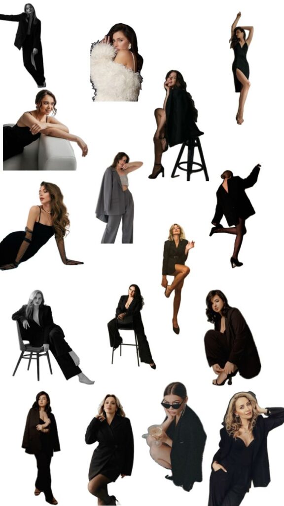 Позы ксюша Collage of stylish women in fashionable poses wearing chic outfits, showcasing diverse looks on a white background. | Sky Rye Design Collage of stylish women in fashionable poses wearing chic outfits, showcasing diverse looks on a white background.