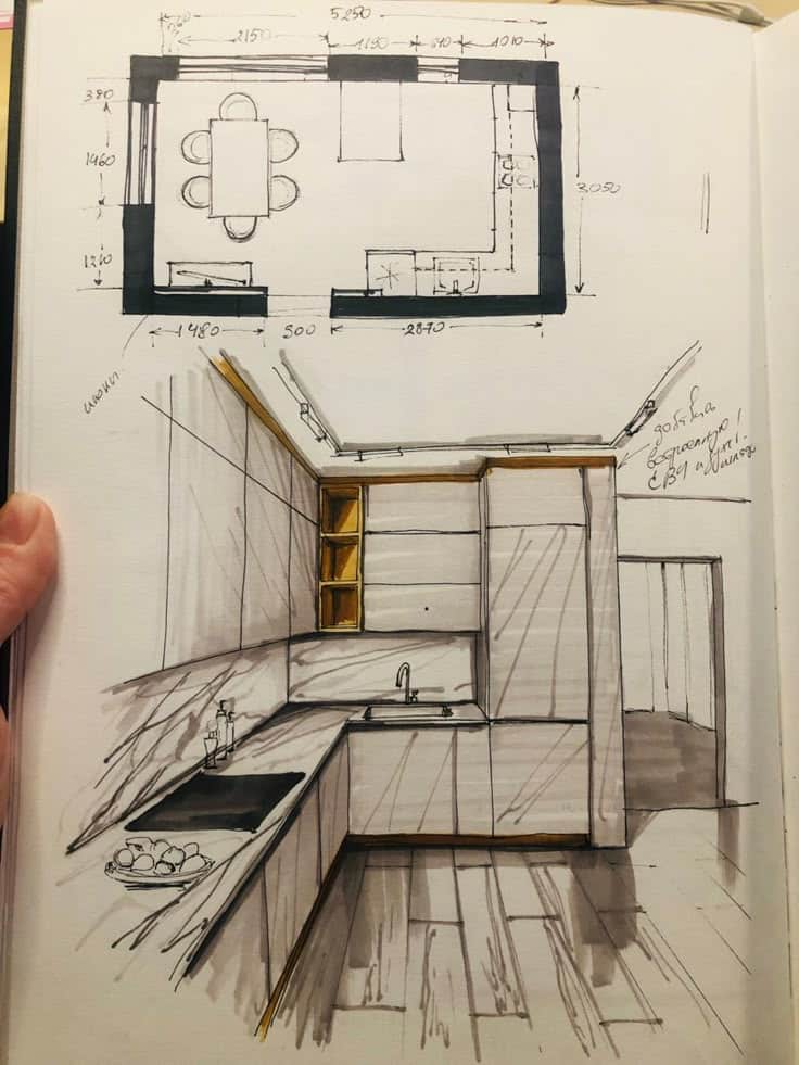 Скетч кухня Sketch of a modern kitchen layout with floor plan, featuring a U-shaped design and elegant cabinetry. | Sky Rye Design Sketch of a modern kitchen layout with floor plan, featuring a U-shaped design and elegant cabinetry.