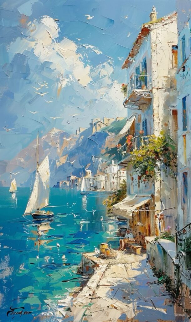 Coastal Mediterranean village painting with sailboats, blue sea, and vibrant buildings under a bright sky.