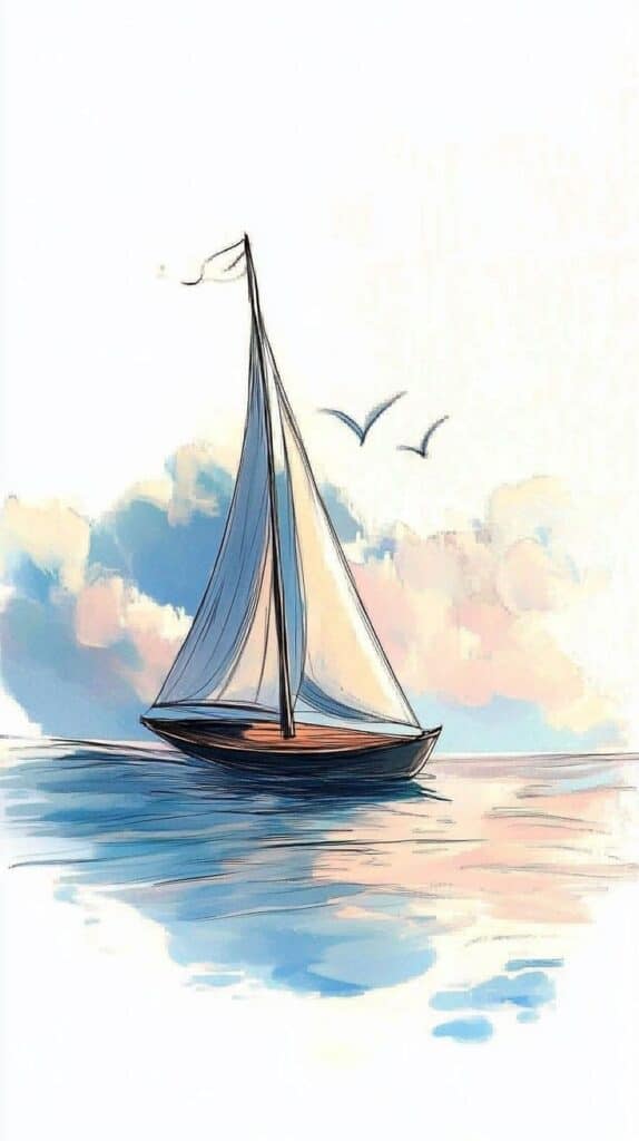 Illustration of a sailboat on calm water with birds and colorful clouds in the sky.