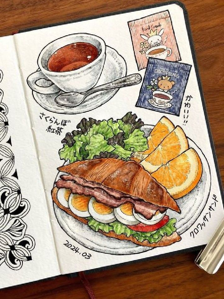 Illustrated croissant sandwich with tea, lettuce, eggs, oranges, and tea packets in a sketchbook.