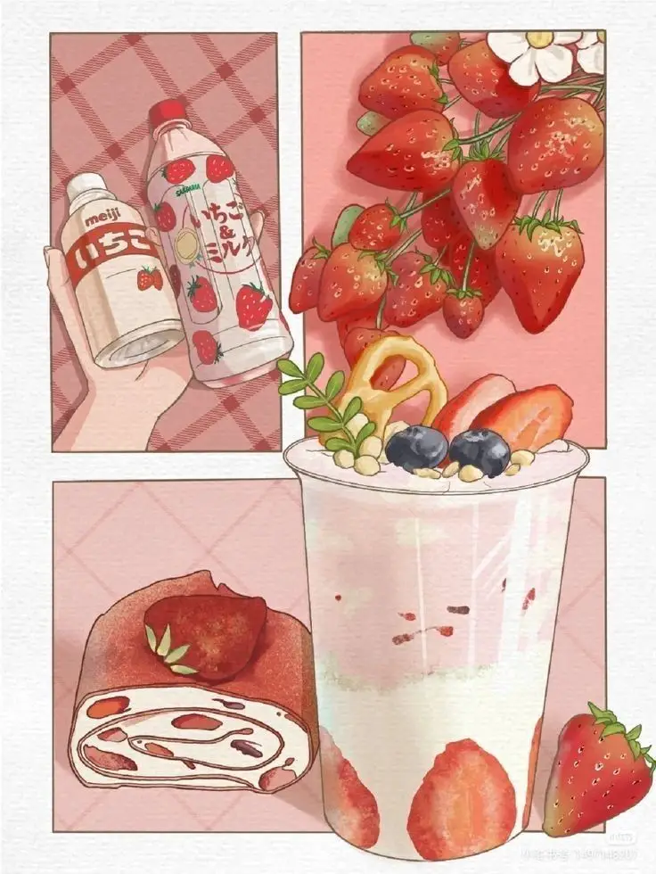 ᴀʀᴛ_ᴄᴏʟʟᴀɢᴇꜱ ꜰᴏʟʟᴏᴡ ꜰᴏʀ ᴍᴏʀᴇ~ Illustrated collage of strawberry-themed drinks and desserts, featuring fresh strawberries and yogurt parfait. | Sky Rye Design Illustrated collage of strawberry-themed drinks and desserts, featuring fresh strawberries and yogurt parfait.