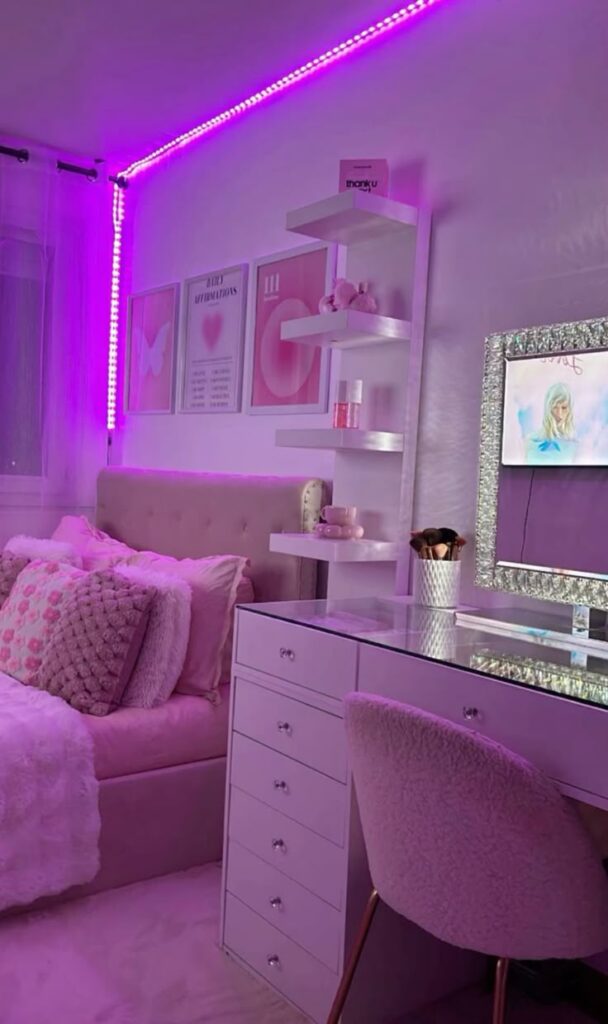 ⌗ Chic pink bedroom with cozy decor, LED lights, fluffy pillows, and a stylish vanity desk for a modern, feminine touch. | Sky Rye Design Chic pink bedroom with cozy decor, LED lights, fluffy pillows, and a stylish vanity desk for a modern, feminine touch.