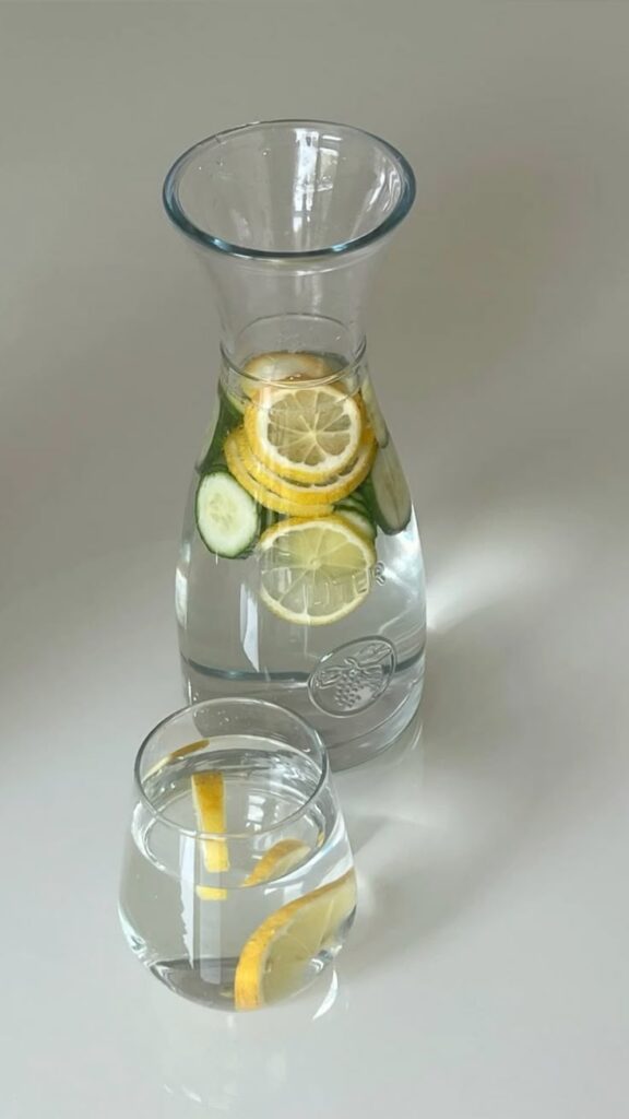 🍋🍋_🟩🥒 Glass pitcher and cup with lemon and cucumber slices infused water on a reflective surface. | Sky Rye Design Glass pitcher and cup with lemon and cucumber slices infused water on a reflective surface.