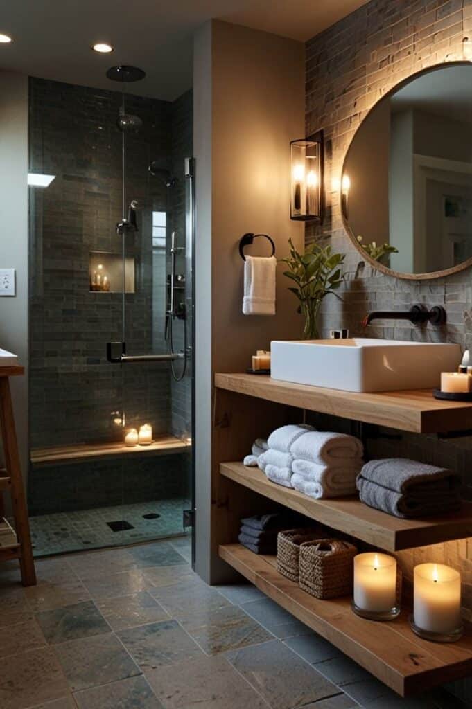 💡 Simple DIY Spa Bathroom Ideas to Try Today Modern bathroom with elegant wooden vanity, candles, towels, and a glass shower for a cozy, spa-like ambiance. | Sky Rye Design Modern bathroom with elegant wooden vanity, candles, towels, and a glass shower for a cozy, spa-like ambiance.