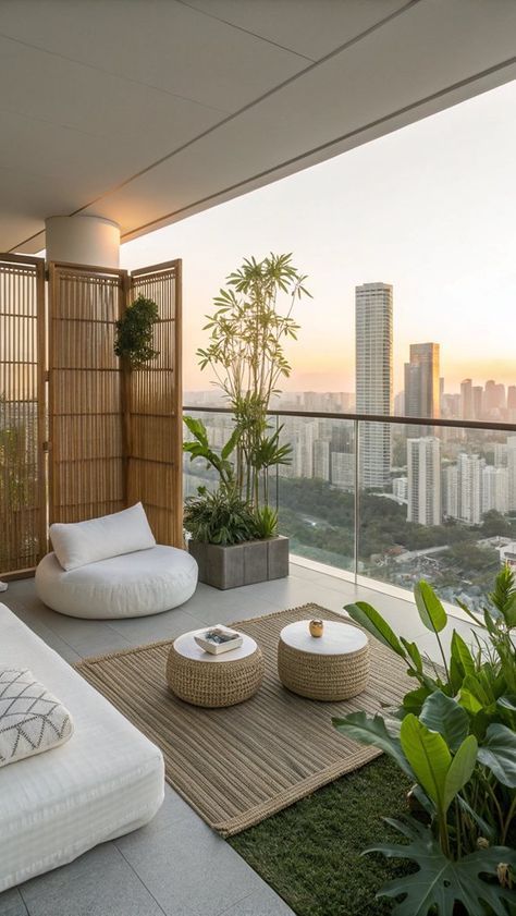 00b6f9e6e7537067e17872e88e327917 Modern balcony with cozy seating, plants, and city skyline at sunset. Relaxing urban oasis with natural accents. | Sky Rye Design Modern balcony with cozy seating, plants, and city skyline at sunset. Relaxing urban oasis with natural accents.