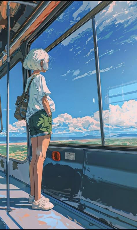 Anime-style girl gazing at scenic landscape through train window, clear blue skies, wearing white shirt and green shorts.