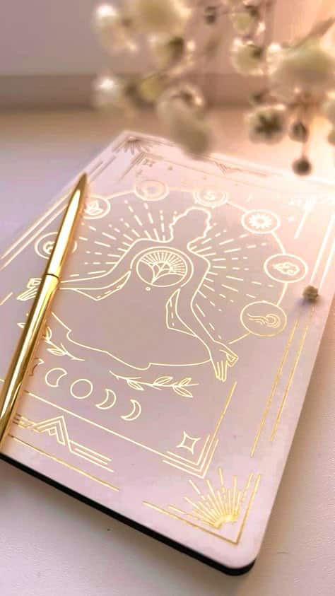 Elegant journal with golden spiritual design and pen, surrounded by soft floral accents, perfect for mindfulness.
