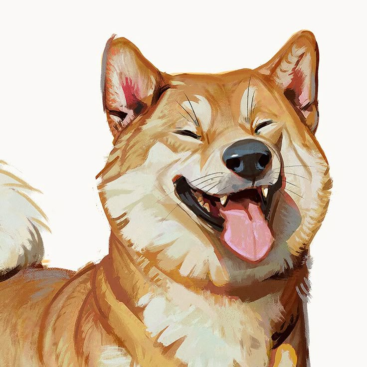 Illustration of a smiling Shiba Inu with tongue out, capturing a joyful and playful expression.