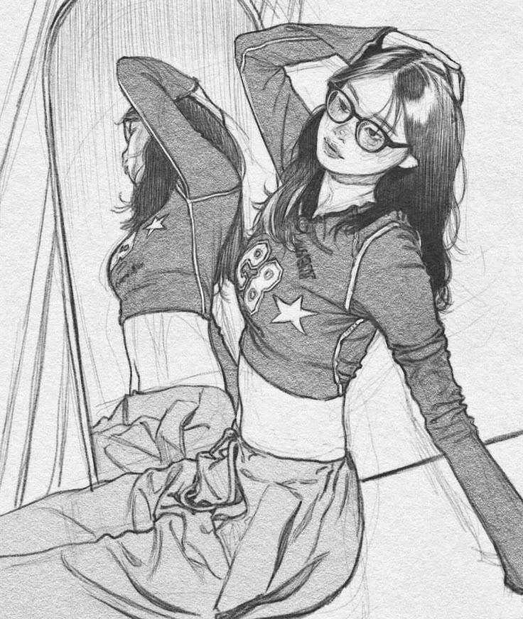 Sketch of a stylish woman with glasses in a reflective pose, next to a mirror, wearing a star-print top.