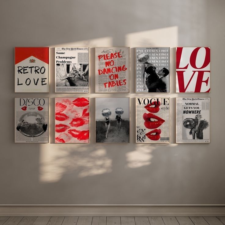 Gallery wall with retro and modern posters featuring text, lips, and abstract art on a neutral background.