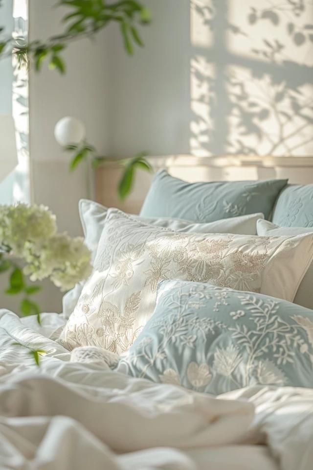 Cozy bed with embroidered pillows in soft morning light, surrounded by greenery, creating a serene bedroom atmosphere.