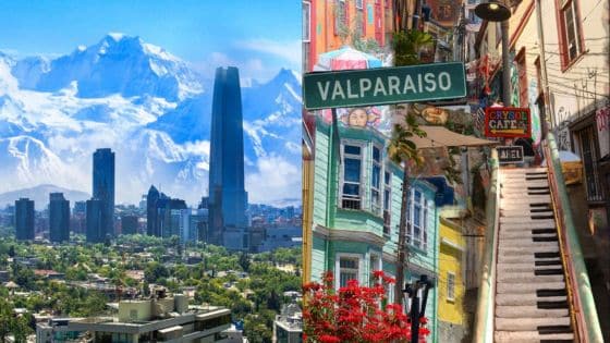 1 Panoramic view of Santiago skyline and colorful streets of Valparaiso with Andes mountains in the background. | Sky Rye Design Panoramic view of Santiago skyline and colorful streets of Valparaiso with Andes mountains in the background.