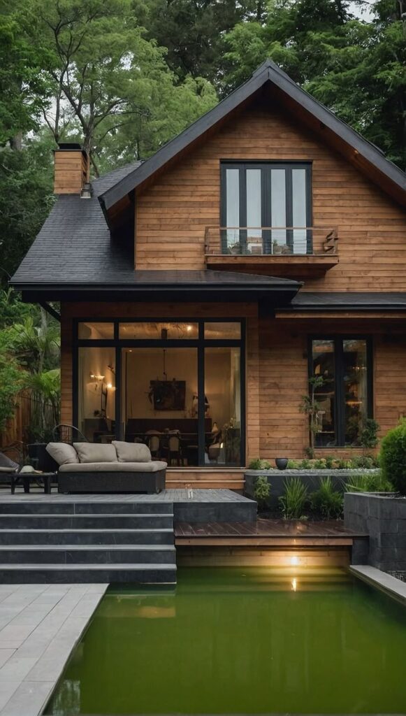 Cozy wooden house with large windows, patio, and green pool surrounded by trees for a serene living experience.