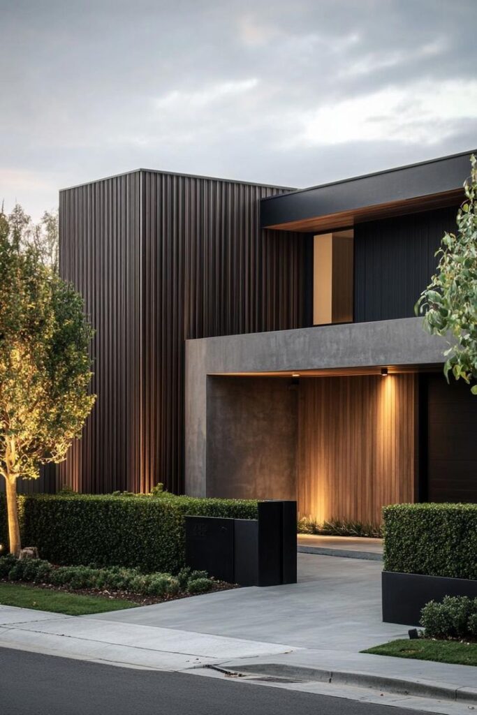 Modern luxury home exterior with sleek design, wood accents, and landscaped greenery.