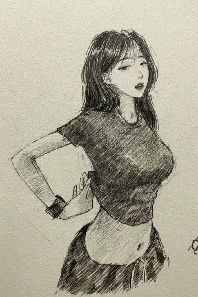 Drawing of a woman in a casual pose with closed eyes, wearing a tee and wristband, black and white sketch art.