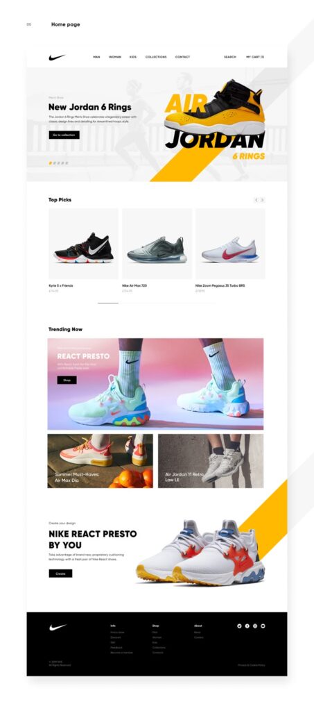 Nike online store homepage featuring Air Jordan 6 Rings and Nike React Presto shoes.