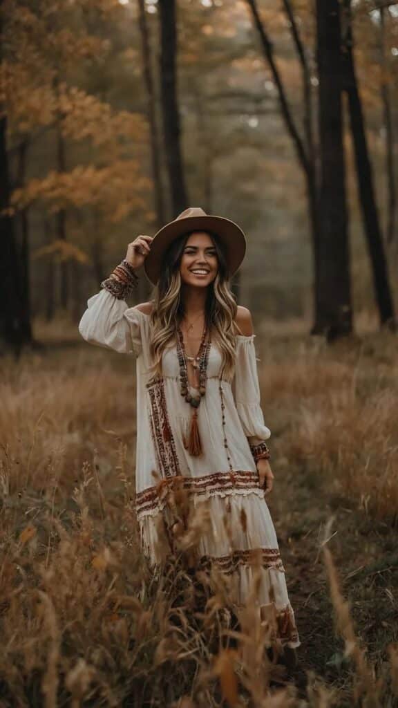 15 Edgy Fall Outfit Inspirations for Women Who Love Boho Woman in a boho dress smiling in a forest, wearing a hat, with autumn hues around. | Sky Rye Design Woman in a boho dress smiling in a forest, wearing a hat, with autumn hues around.