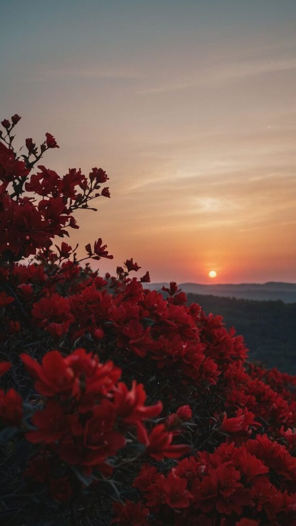 Red flowers blossom under a serene sunset sky, with a warm, colorful horizon in the background.