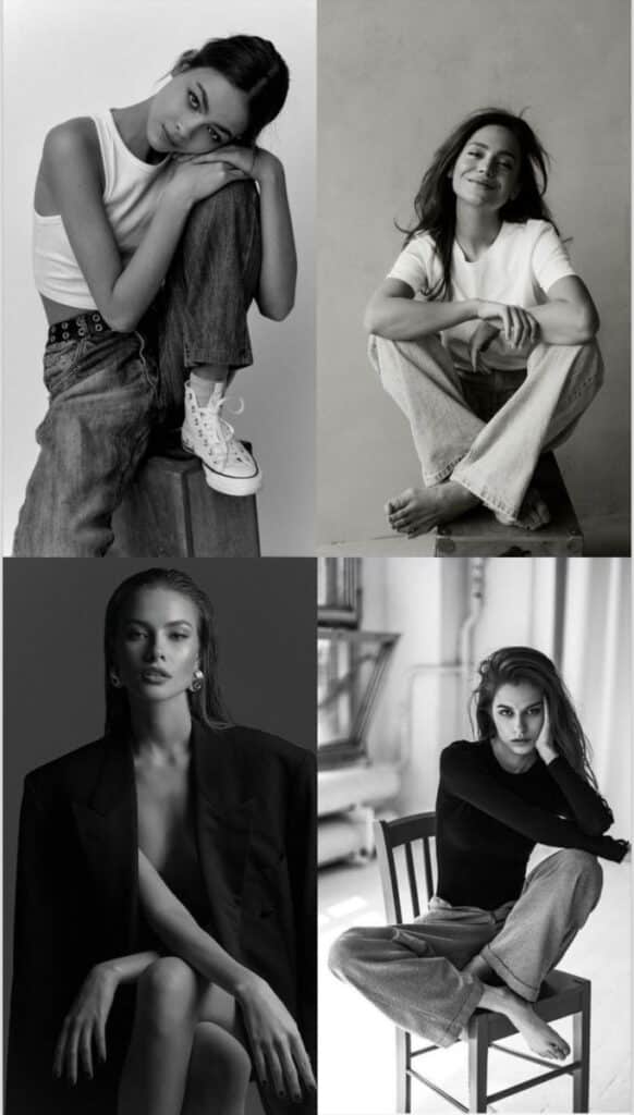 Four women posing elegantly in monochrome, showcasing casual and formal fashion styles.