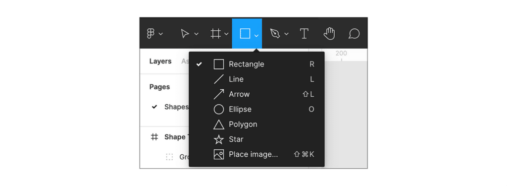 Design tool interface showing shape options like rectangle, line, arrow, ellipse, polygon, and star.