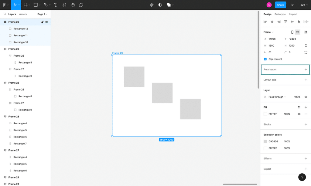 Figma design interface showing framed rectangles and layers for user interface mockup.