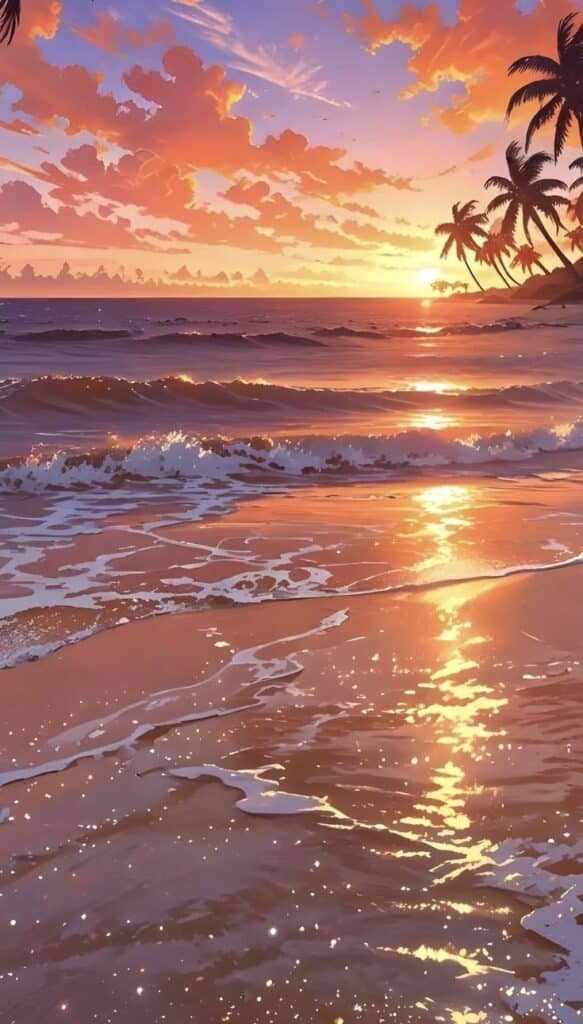 Tropical beach sunset with palm trees and ocean waves, reflecting vibrant orange and pink hues in the sky.