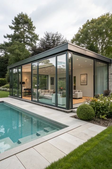 Modern glass house with pool, surrounded by greenery, showcasing sleek architecture and indoor-outdoor living.