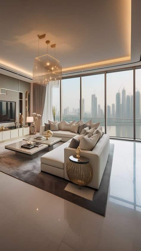Luxurious modern living room with a large sofa, chic lighting, and city skyline view through floor-to-ceiling windows.