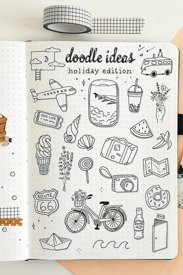 Holiday-themed doodle ideas in a notebook featuring travel, food, and adventure icons like a plane, ice cream, and Route 66.