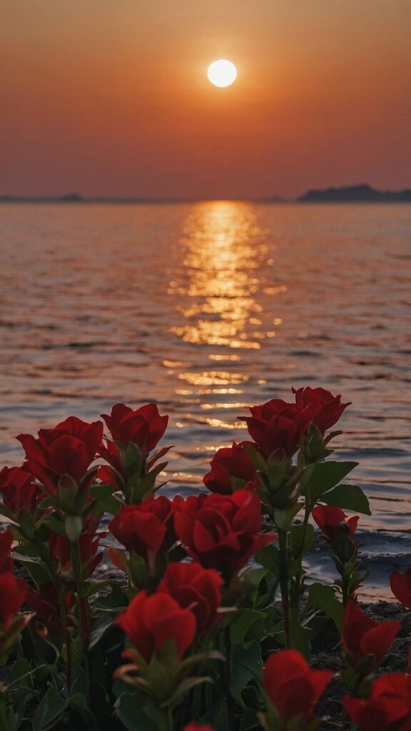 Sunset over calm ocean with reflection and red roses in foreground. Serene and picturesque nature scene.
